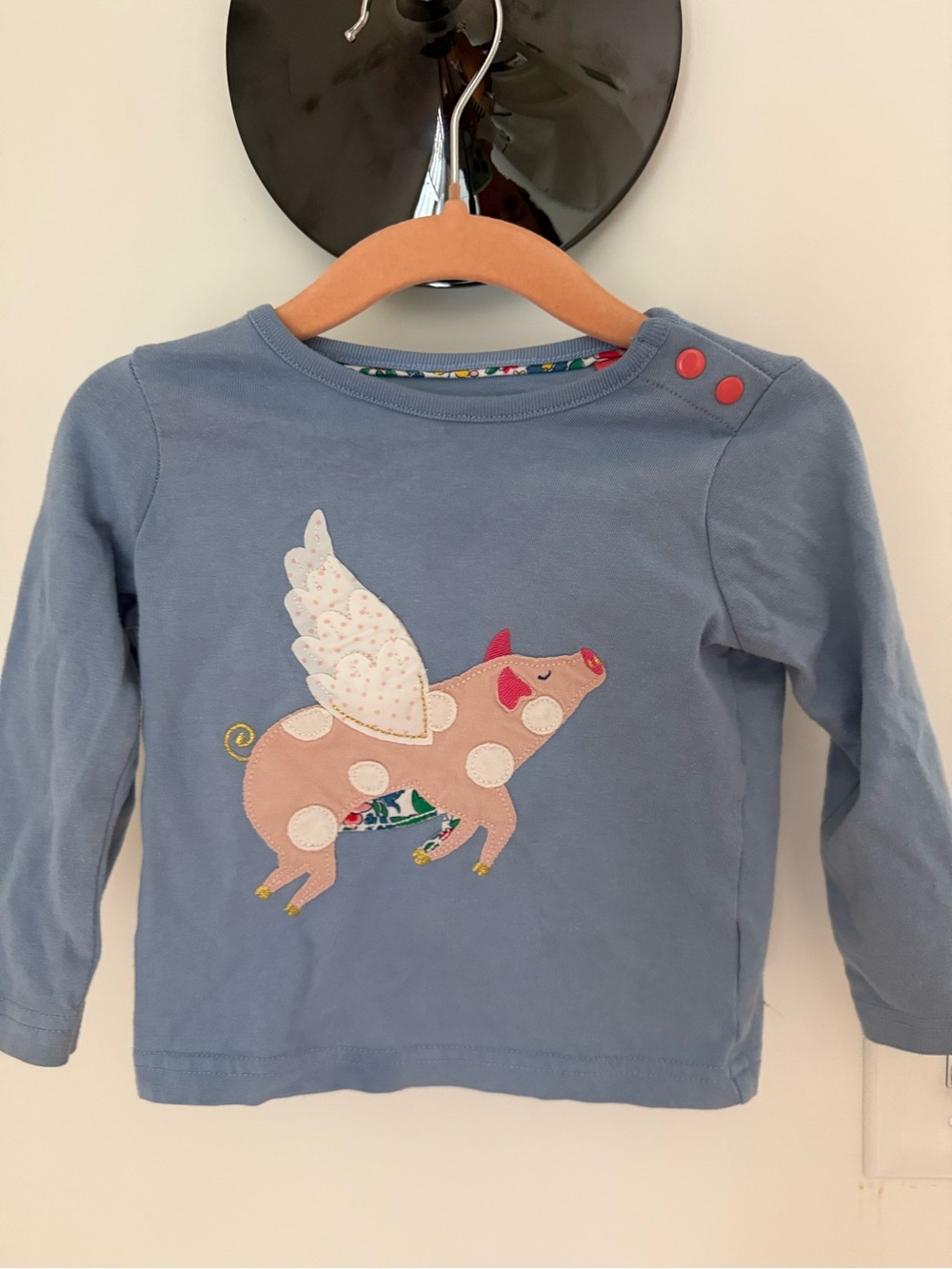 Baby Boden Blue Long-Sleeve Top with Winged Pig Applique